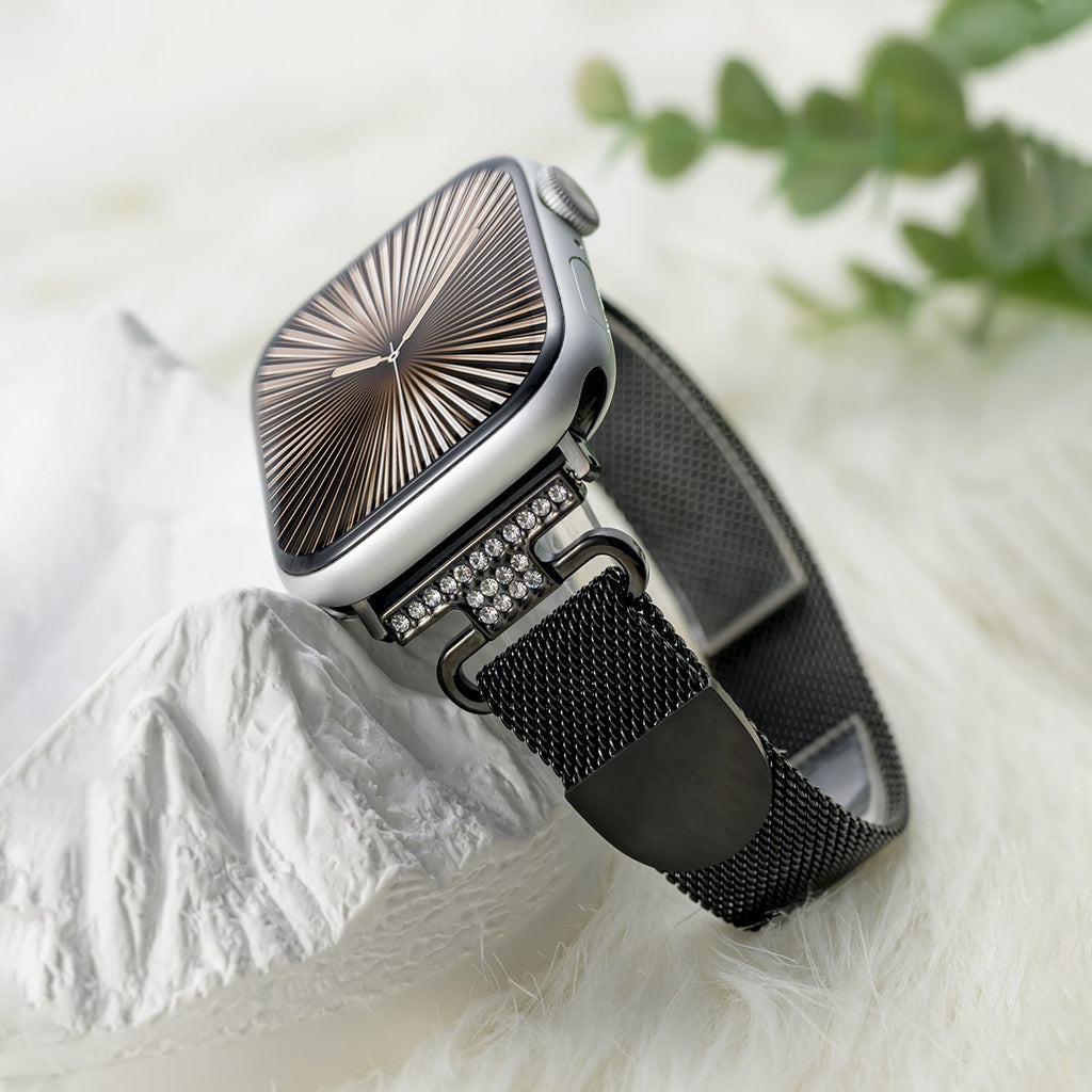 Correa Apple Watch de acero inoxidable, malla milanesa magnética, compatible con Apple Watch de 38 a 49 mm, acabado elegante con detalles de circonitas, modelo Élancia