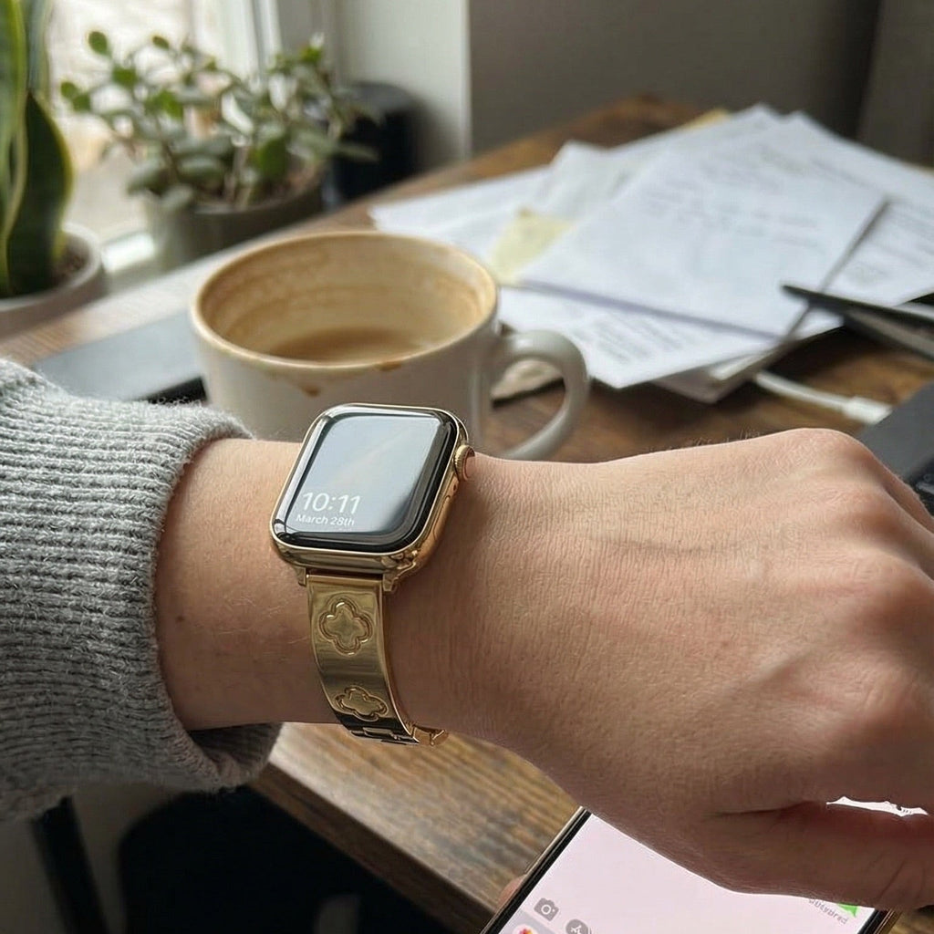 Correa Apple Watch de acero inoxidable con motivo de trébol, brazalete elegante para reloj inteligente Apple, modelo Tréfa