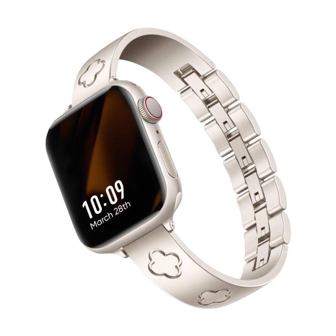 Correa Apple Watch de acero inoxidable con motivo de trébol, brazalete elegante para reloj inteligente Apple, modelo Tréfa