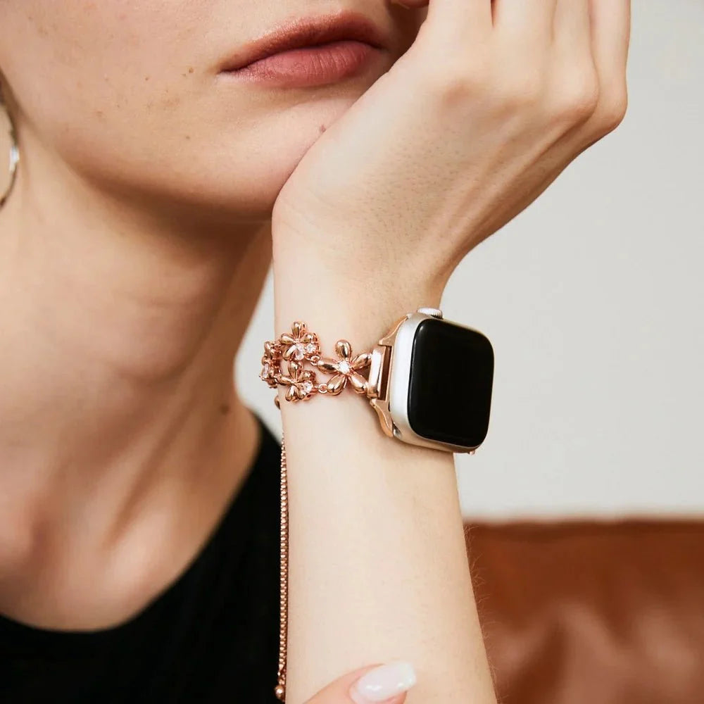 Correa floral para Apple Watch, flores metálicas y circonitas, cierre deslizante, modelo Filie
