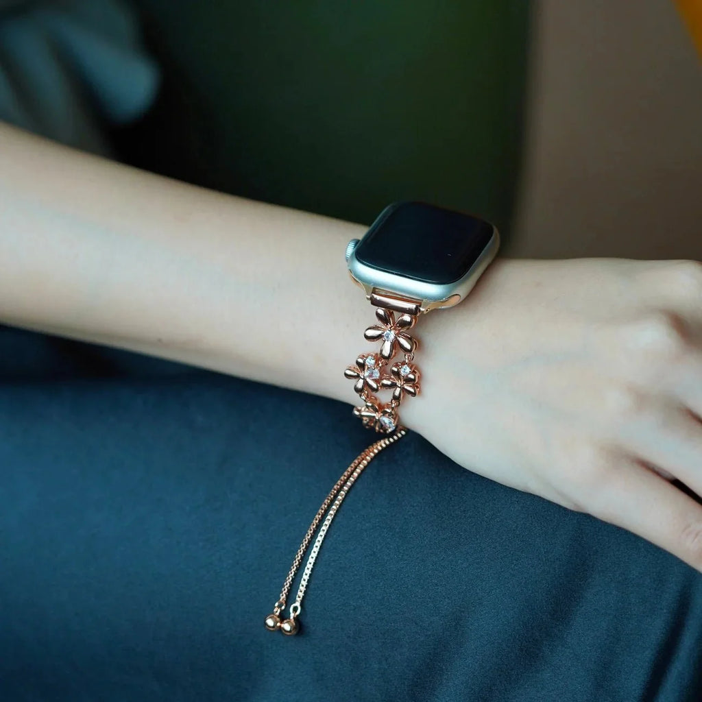 Correa floral para Apple Watch, flores metálicas y circonitas, cierre deslizante, modelo Filie