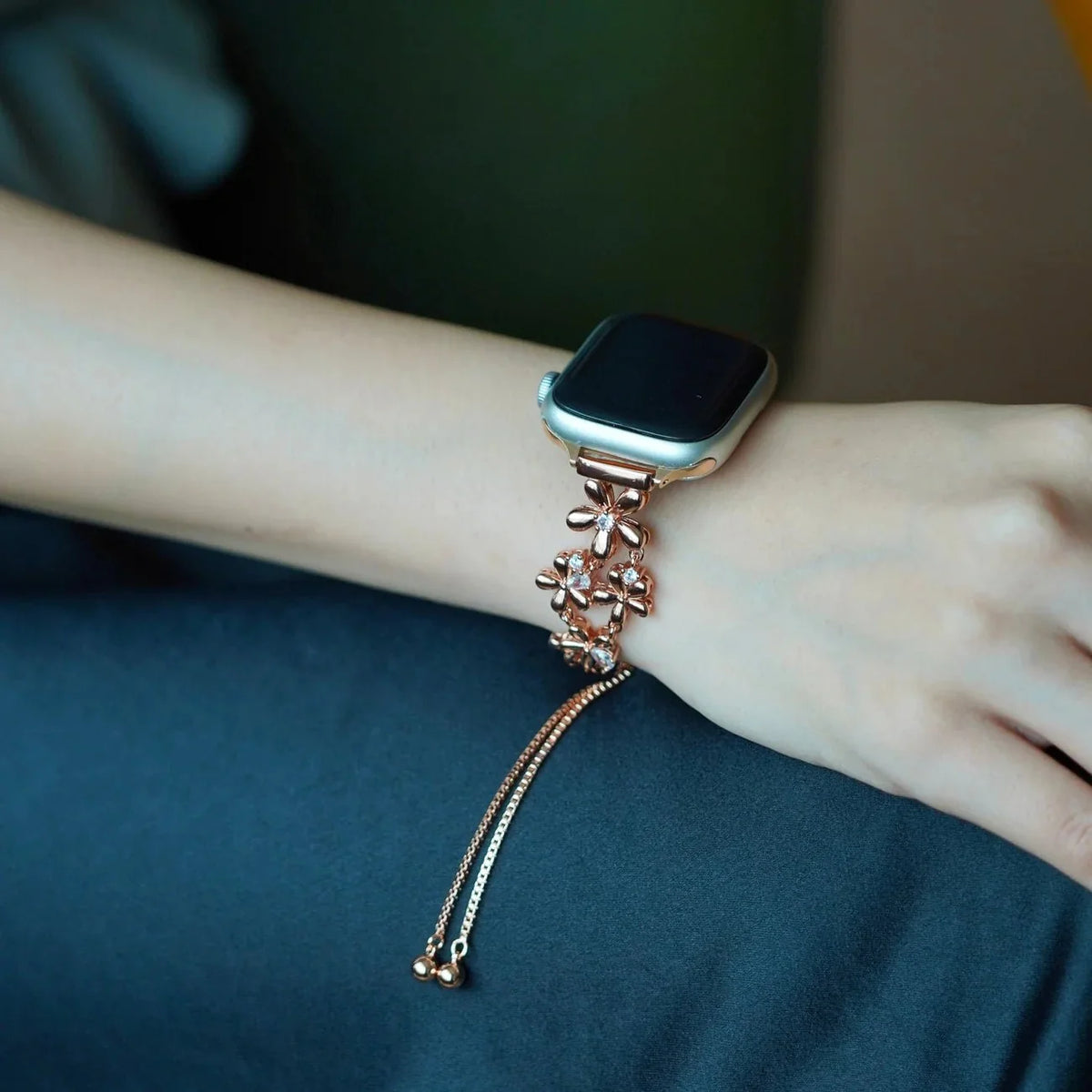 Correa floral para Apple Watch, flores metálicas y circonitas, cierre deslizante, modelo Filie