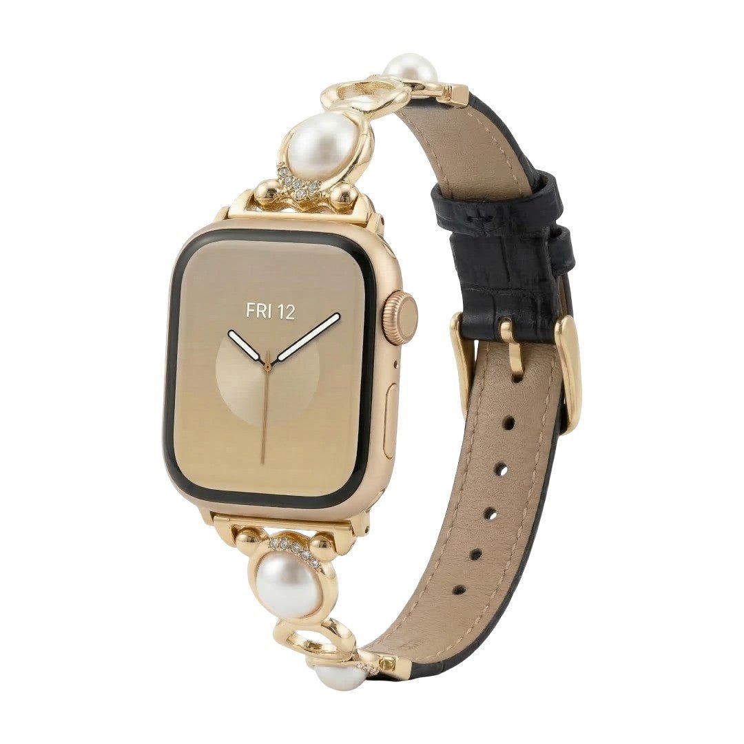 Correa Apple Watch joya con perlas y símil vegano, correa decorativa para reloj inteligente con perlas y detalles brillantes, modelo Vilestia