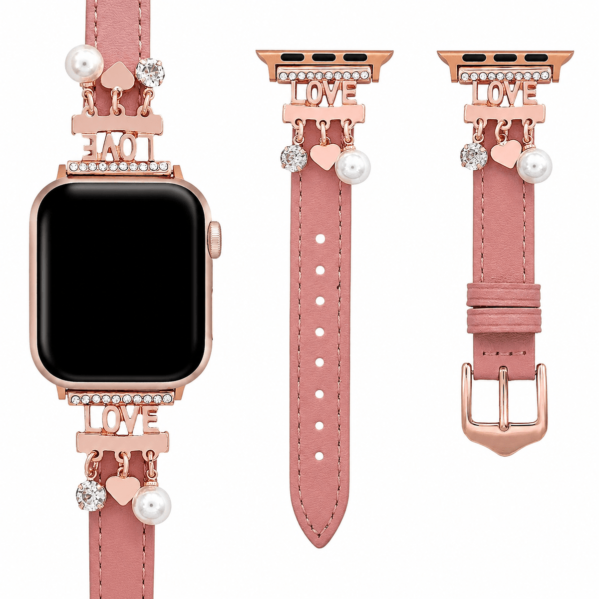 Correa Apple Watch chic con charms brillantes para un look radiante, amor y corazones, modelo Erdia