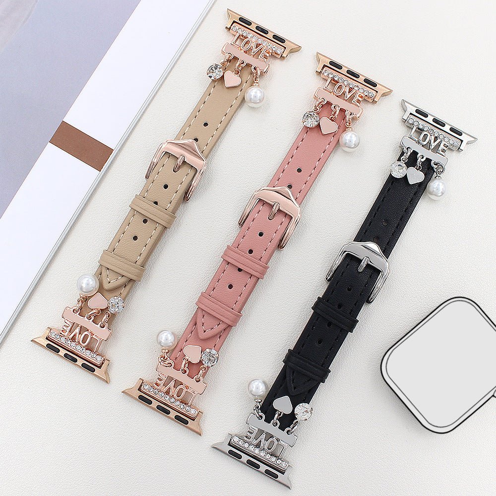 Correa Apple Watch chic con charms brillantes para un look radiante, amor y corazones, modelo Erdia