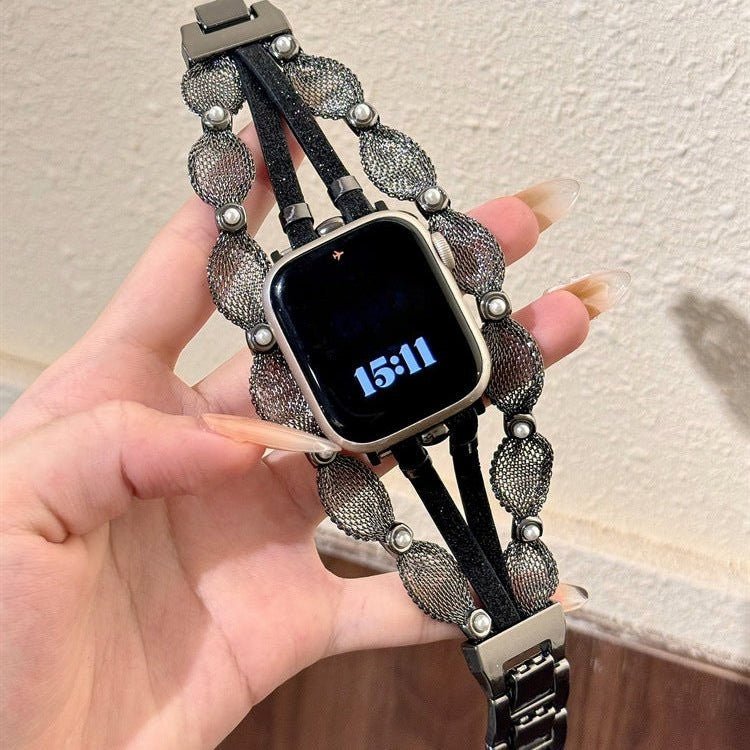 Correa Apple Watch chic, malla trenzada, perlas nacaradas, tiras brillantes, cierre a presión, modelo Darune