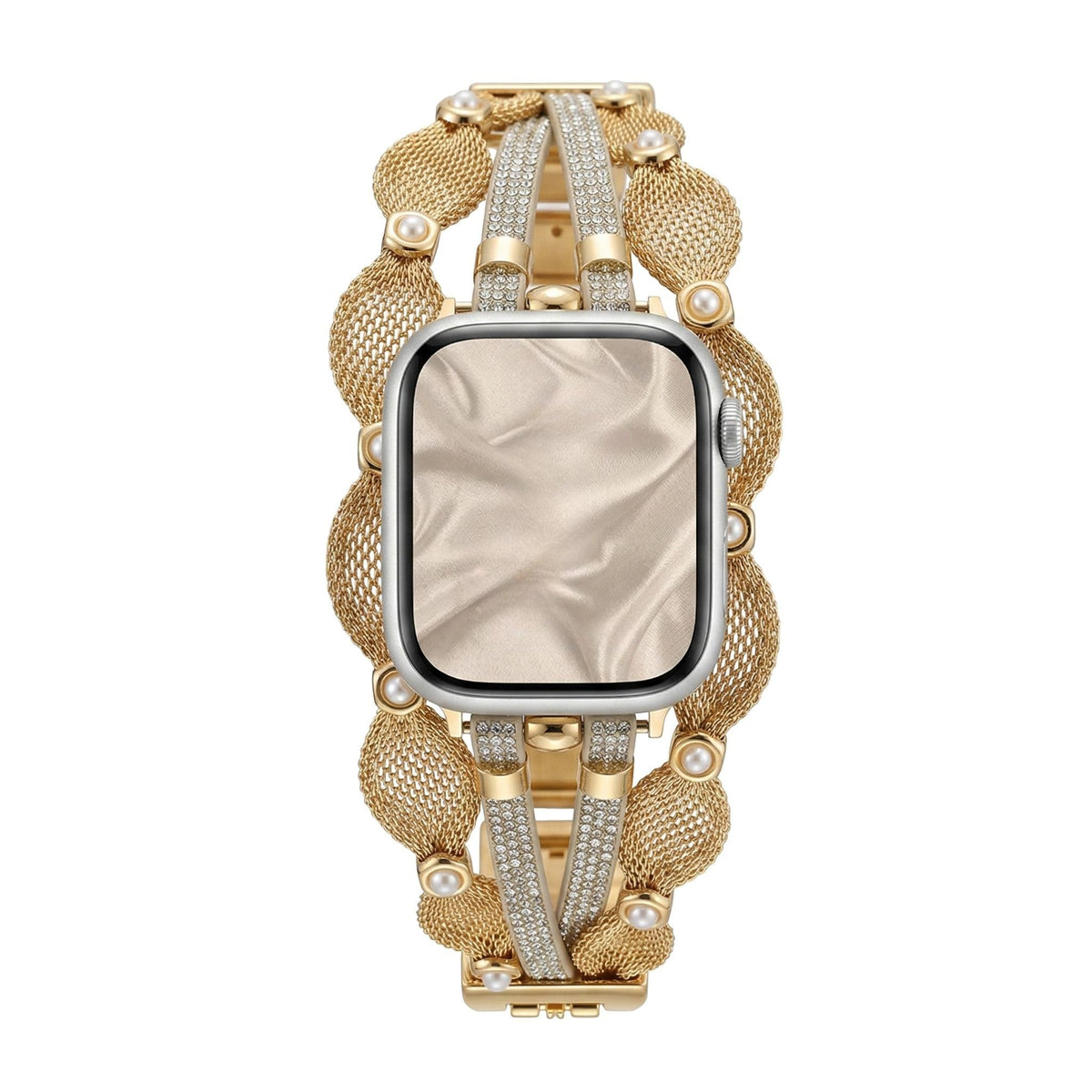 Correa Apple Watch chic, malla trenzada, perlas nacaradas, tiras brillantes, cierre a presión, modelo Darune