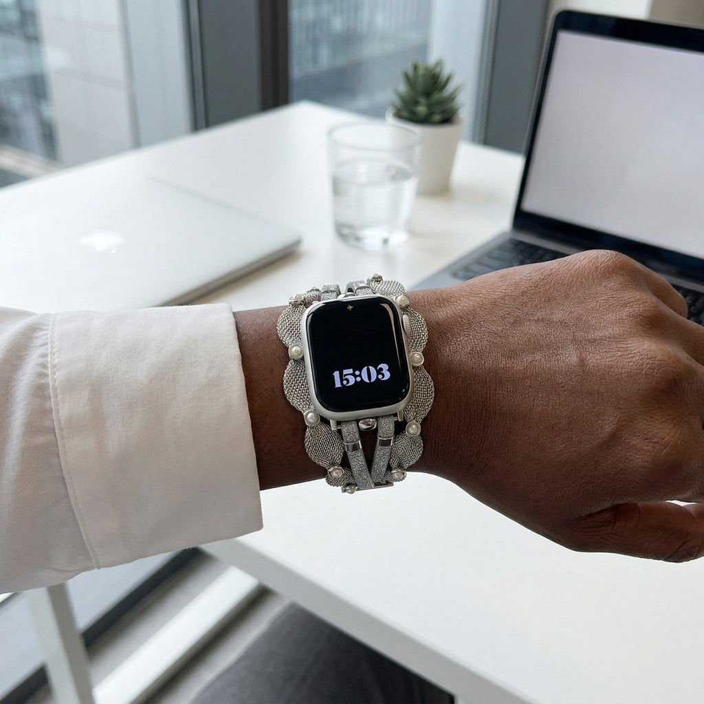 Correa Apple Watch chic, malla trenzada, perlas nacaradas, tiras brillantes, cierre a presión, modelo Darune