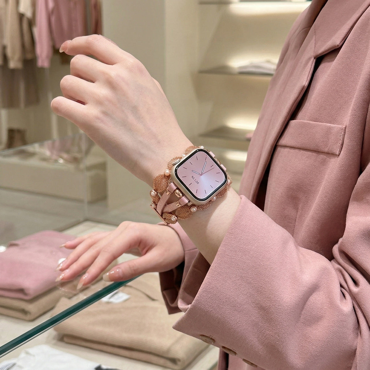Correa Apple Watch chic, malla trenzada, perlas nacaradas, tiras brillantes, cierre a presión, modelo Darune