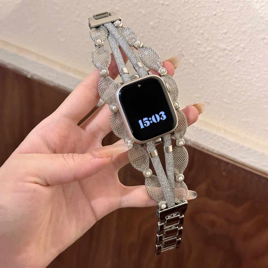 Correa Apple Watch chic, malla trenzada, perlas nacaradas, tiras brillantes, cierre a presión, modelo Darune
