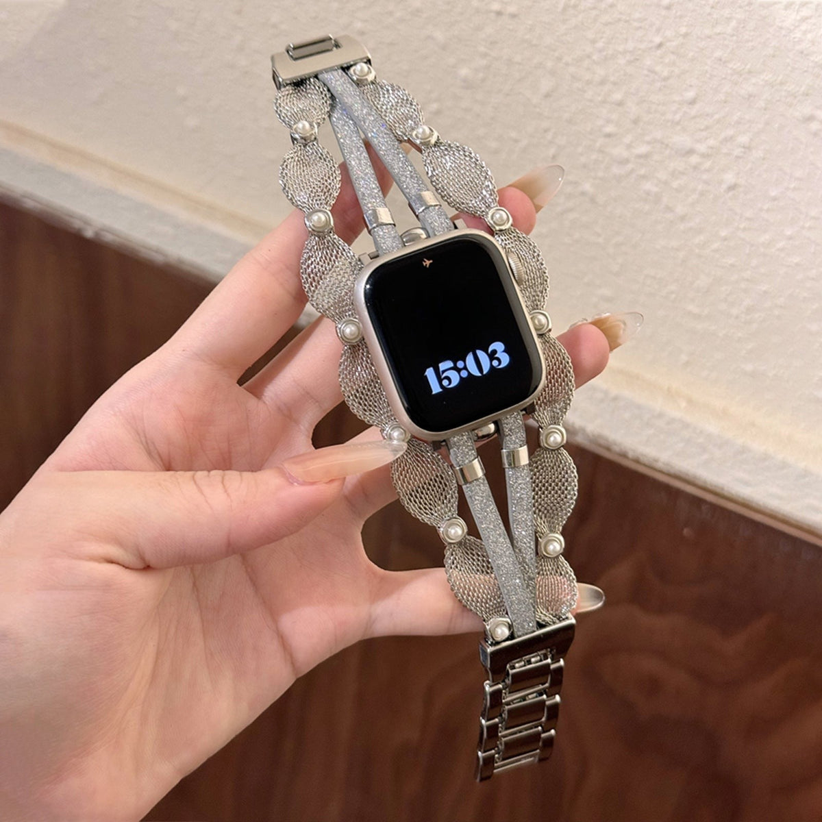 Correa Apple Watch chic, malla trenzada, perlas nacaradas, tiras brillantes, cierre a presión, modelo Darune