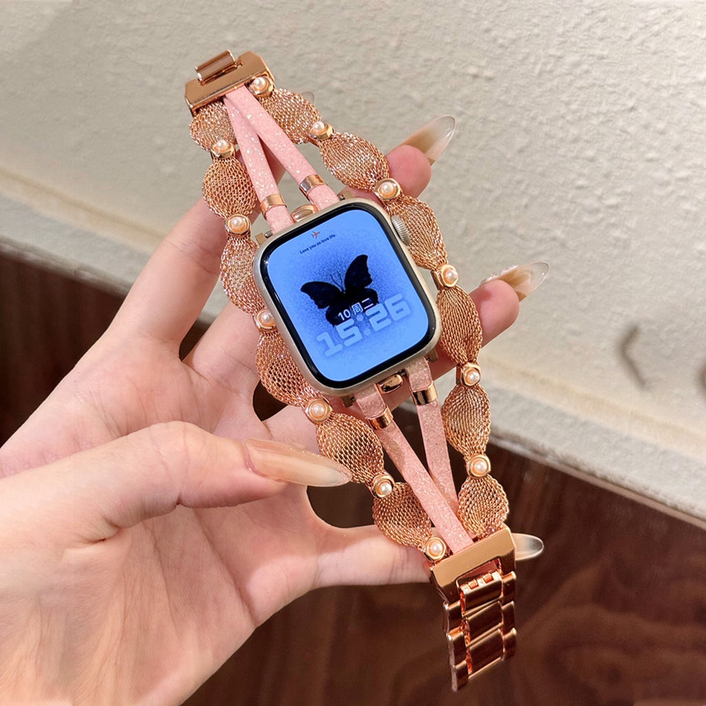 Correa Apple Watch chic, malla trenzada, perlas nacaradas, tiras brillantes, cierre a presión, modelo Darune