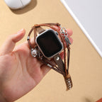 Correa Apple Watch de serraje para mujer, corazón infinito y flecha plateada, correa de reloj de serraje trenzado multicapa, modelo Wendie