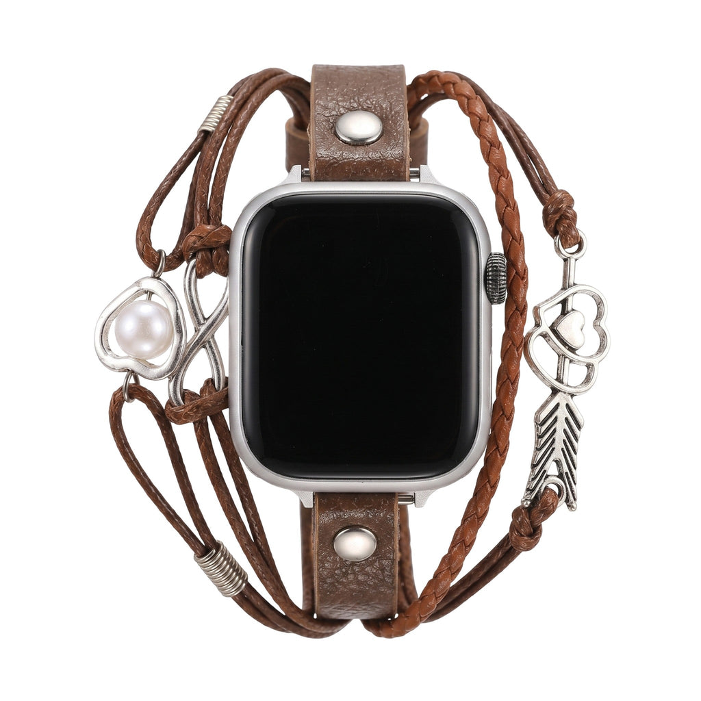 Correa Apple Watch de serraje para mujer, corazón infinito y flecha plateada, correa de reloj de serraje trenzado multicapa, modelo Wendie