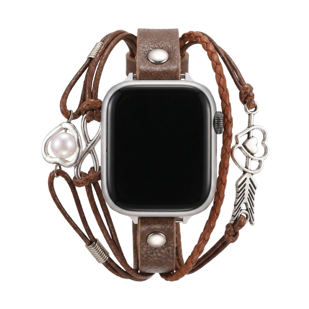 Correa Apple Watch de serraje para mujer, corazón infinito y flecha plateada, correa de reloj de serraje trenzado multicapa, modelo Wendie