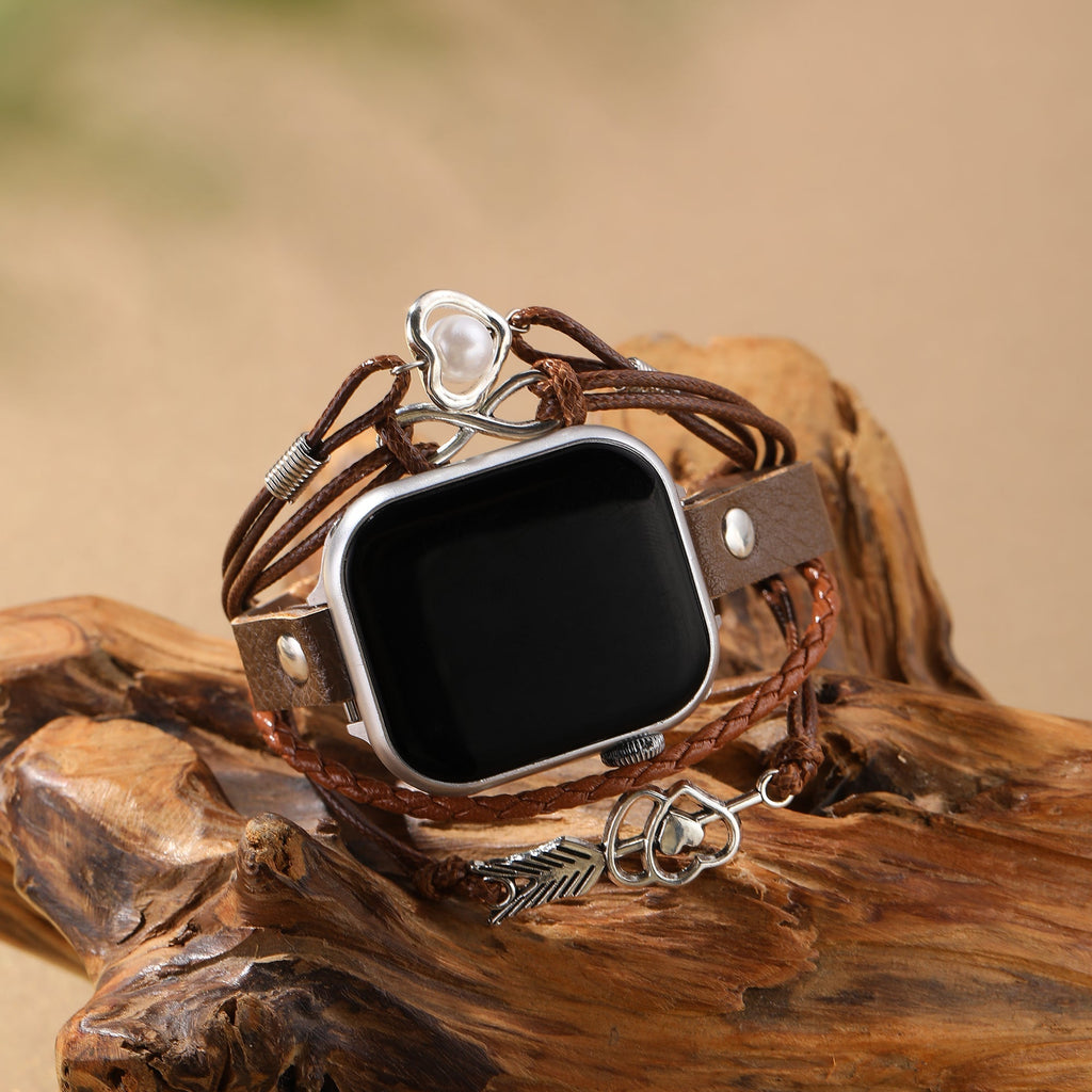 Correa Apple Watch de serraje para mujer, corazón infinito y flecha plateada, correa de reloj de serraje trenzado multicapa, modelo Wendie