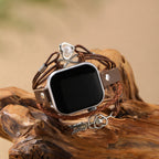 Correa Apple Watch de serraje para mujer, corazón infinito y flecha plateada, correa de reloj de serraje trenzado multicapa, modelo Wendie