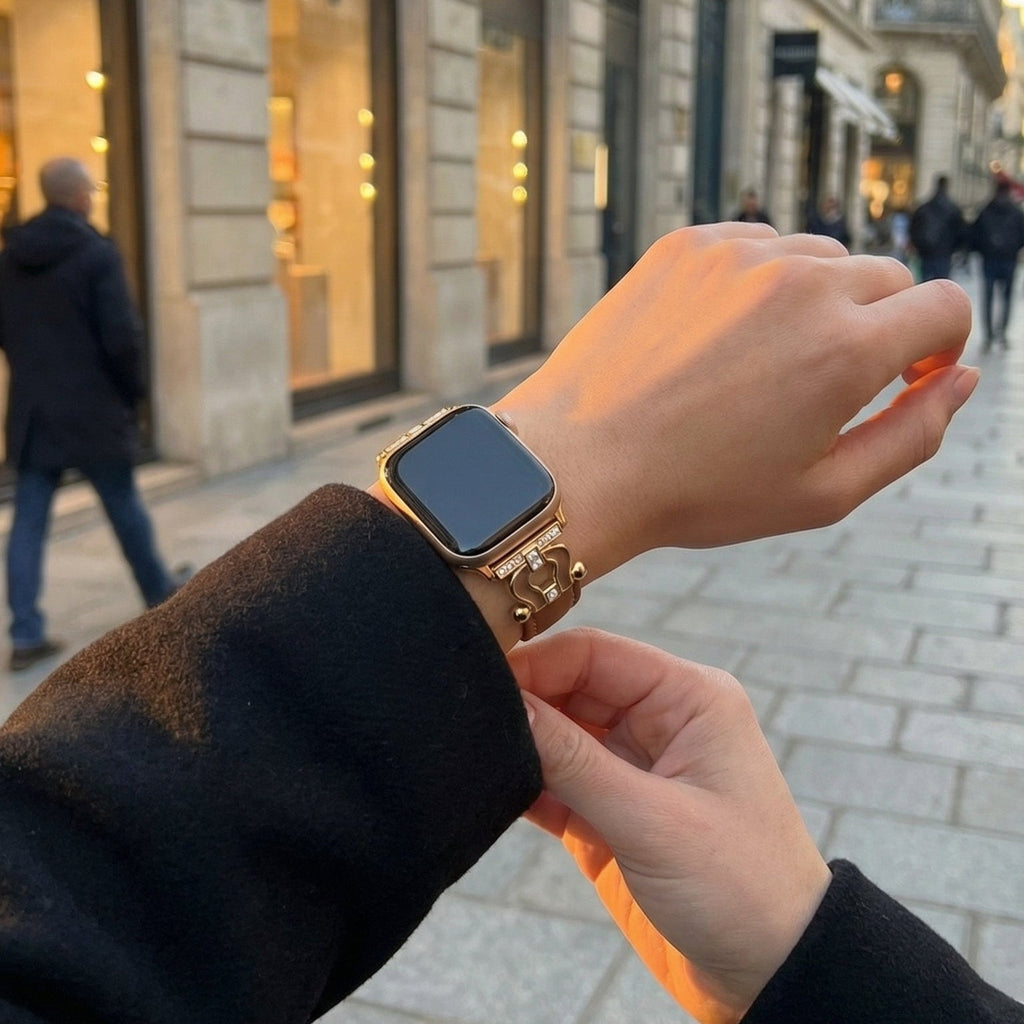 Correa Apple Watch de cuero premium con herradura brillante, ajustable, look cuidado, modelo Ustelle