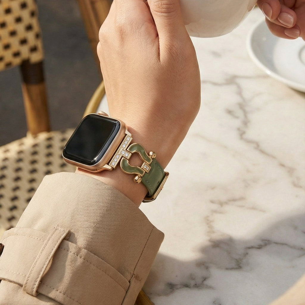 Correa Apple Watch de cuero premium con herradura brillante, ajustable, look cuidado, modelo Ustelle