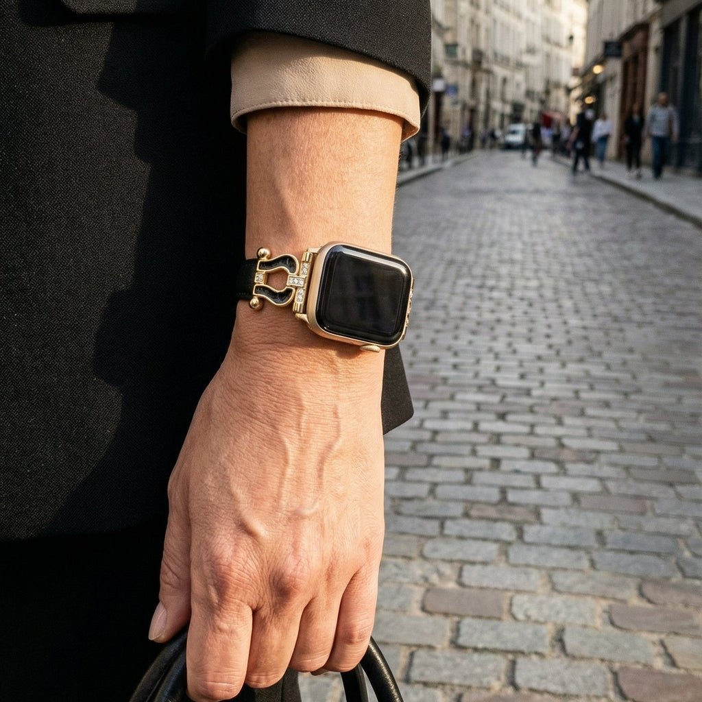 Correa Apple Watch de cuero premium con herradura brillante, ajustable, look cuidado, modelo Ustelle