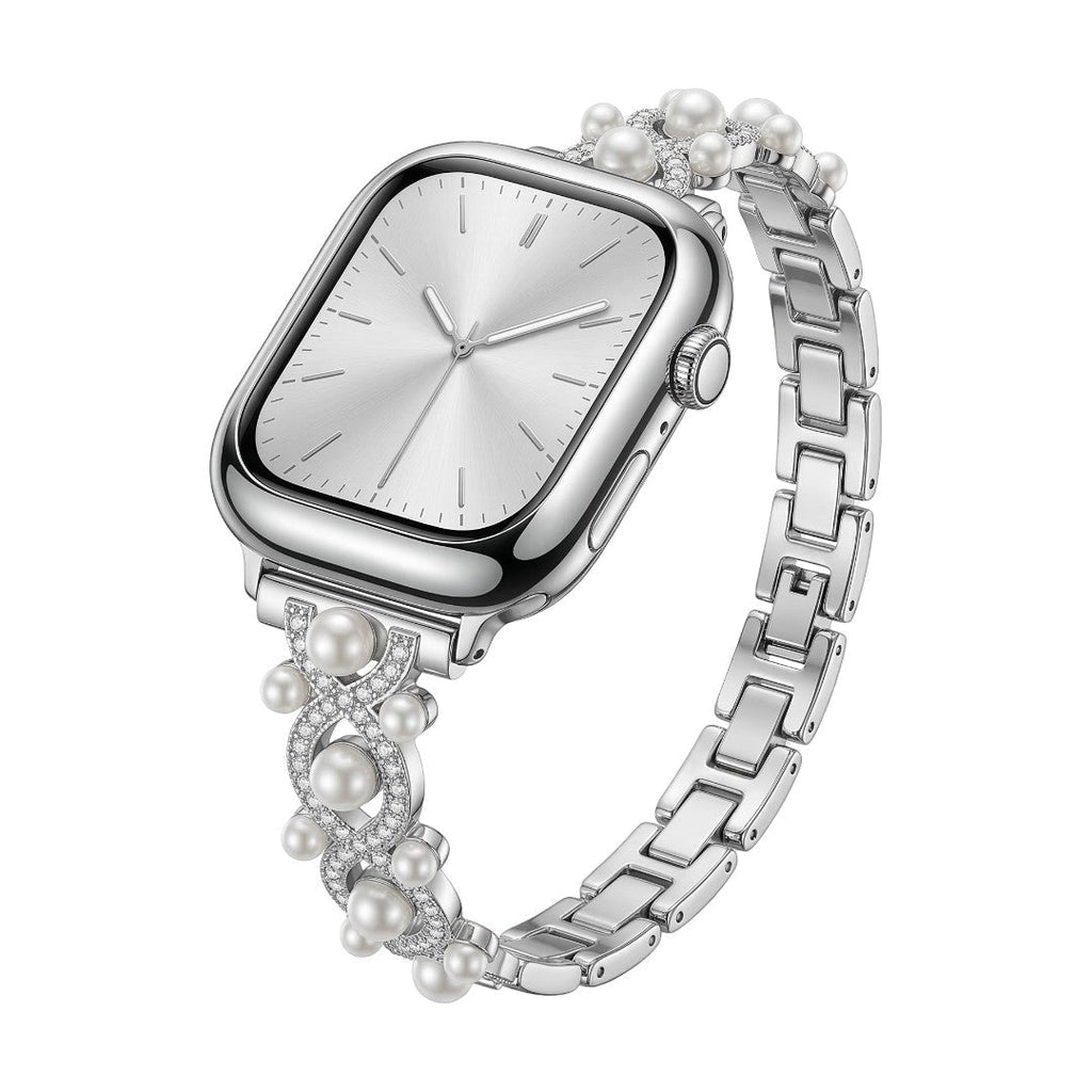 Correa Apple Watch decorativa, cadena elegante con perlas y detalles brillantes, joya de muñeca luminosa, modelo Laufey