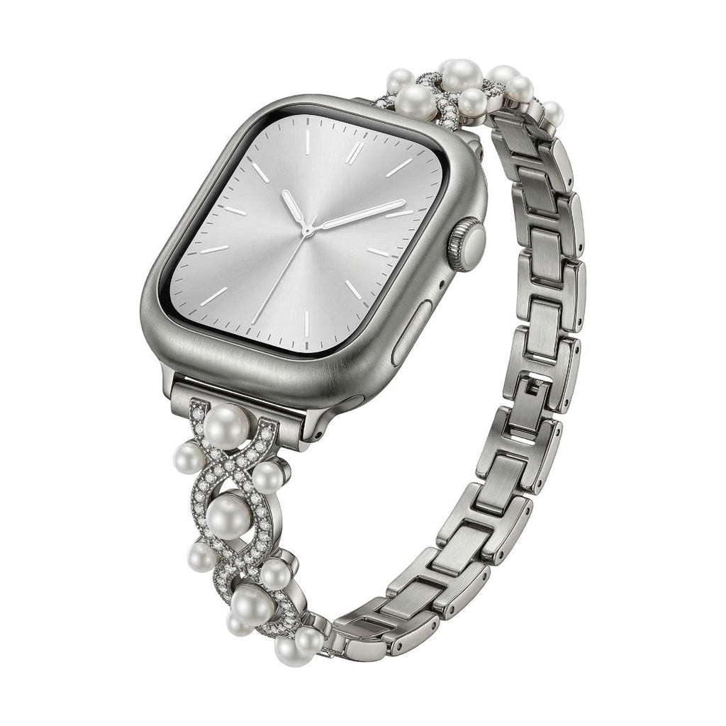 Correa Apple Watch decorativa, cadena elegante con perlas y detalles brillantes, joya de muñeca luminosa, modelo Laufey