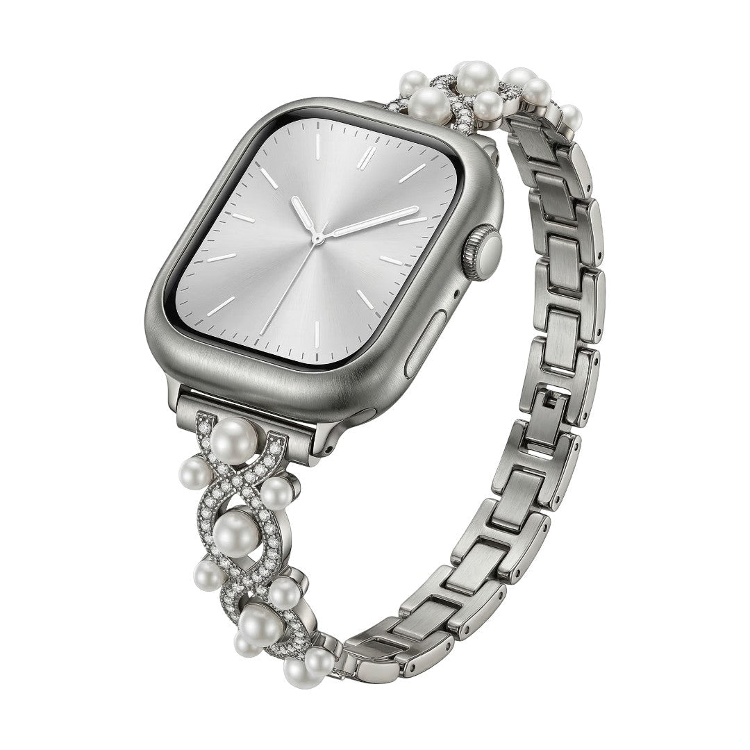 Correa Apple Watch decorativa, cadena elegante con perlas y detalles brillantes, joya de muñeca luminosa, modelo Laufey