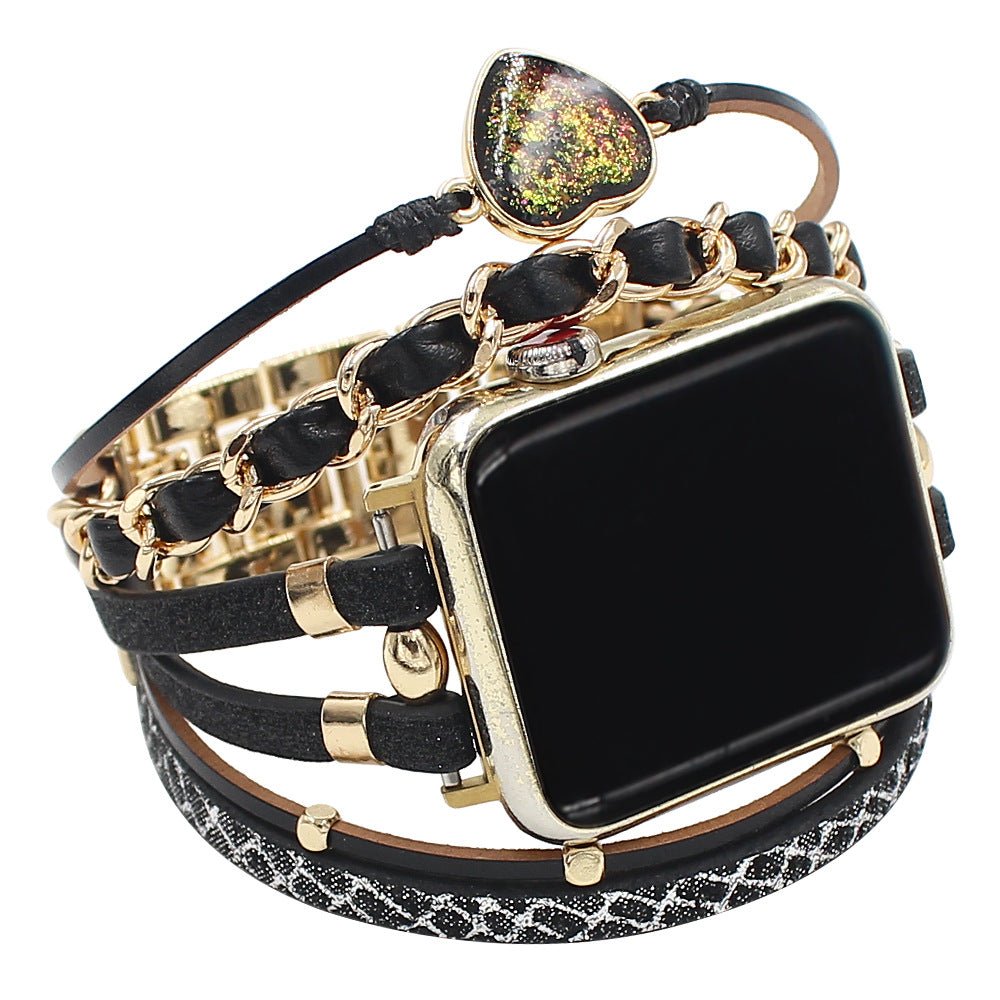Correa Apple Watch decorativa para mujer, piel trenzada y piedra corazón efecto brillante, diseño original, modelo Welna