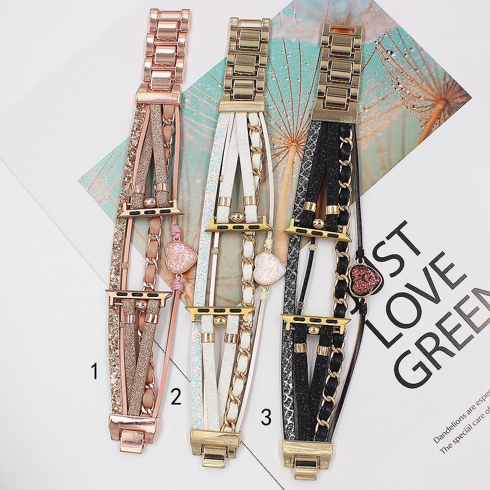 Correa Apple Watch decorativa para mujer, piel trenzada y piedra corazón efecto brillante, diseño original, modelo Welna