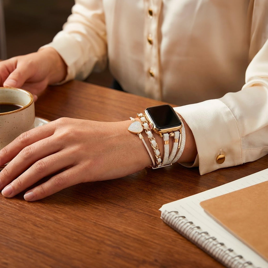 Correa Apple Watch decorativa para mujer, piel trenzada y piedra corazón efecto brillante, diseño original, modelo Welna