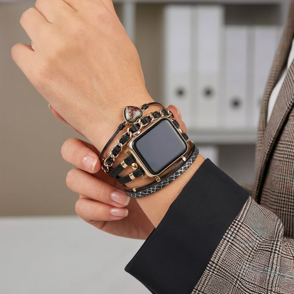Correa Apple Watch decorativa para mujer, piel trenzada y piedra corazón efecto brillante, diseño original, modelo Welna