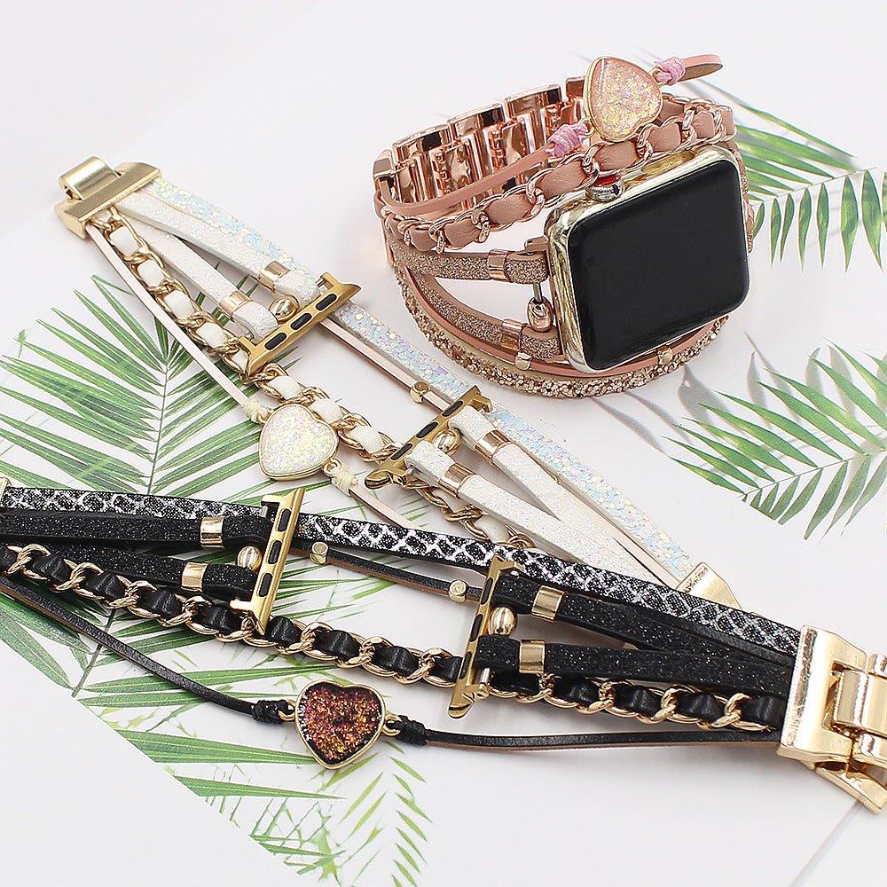 Correa Apple Watch decorativa para mujer, piel trenzada y piedra corazón efecto brillante, diseño original, modelo Welna