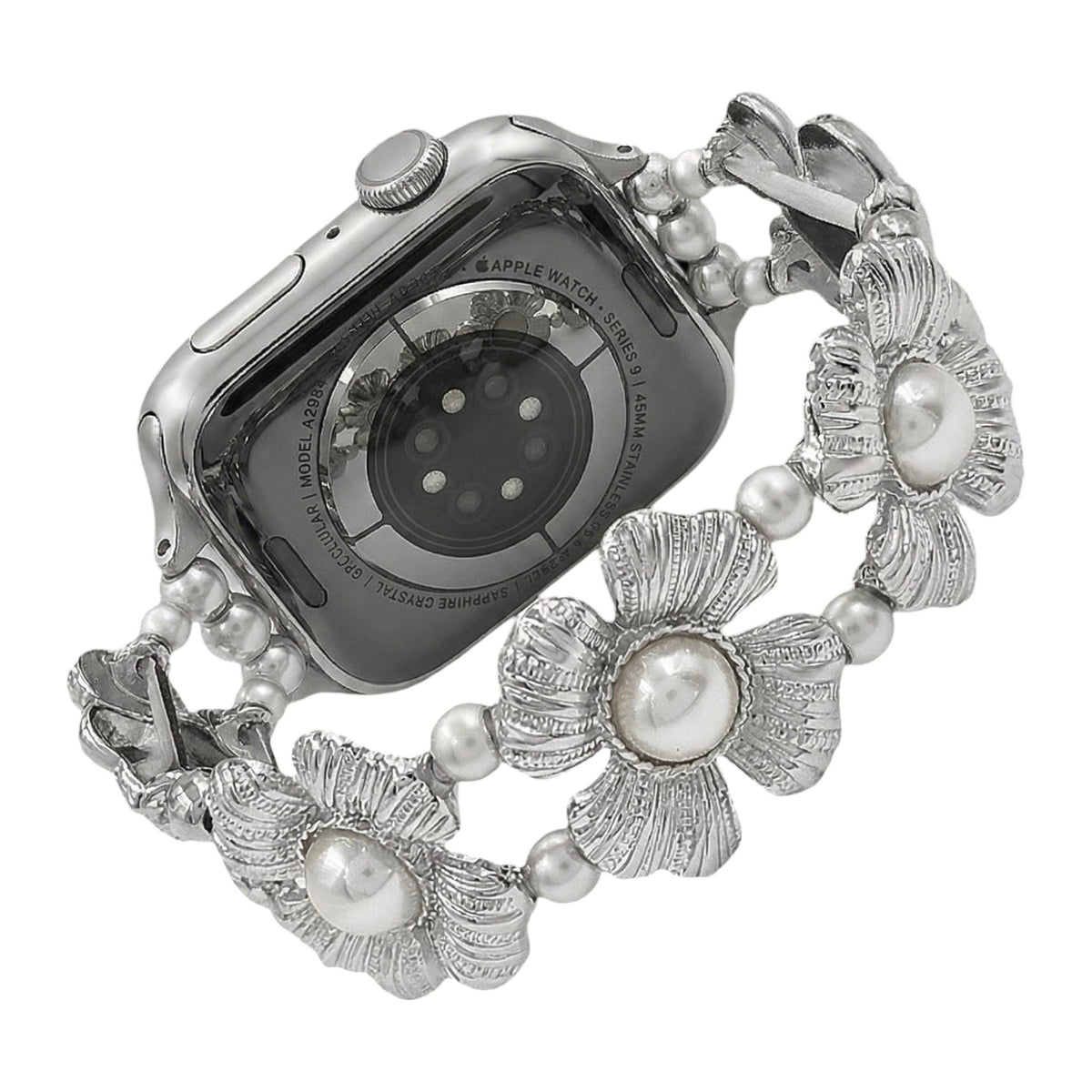 Correa elástica Apple Watch para mujer, con flores metálicas y perlas nacaradas, elegante accesorio de muñeca, modelo Sumeria