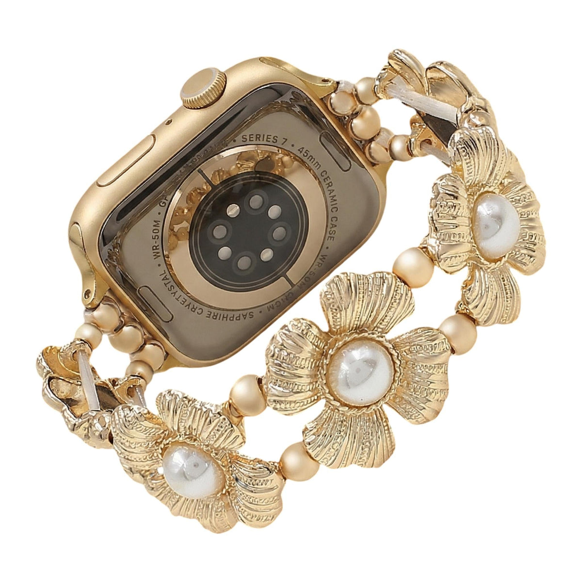 Correa elástica Apple Watch para mujer, con flores metálicas y perlas nacaradas, elegante accesorio de muñeca, modelo Sumeria