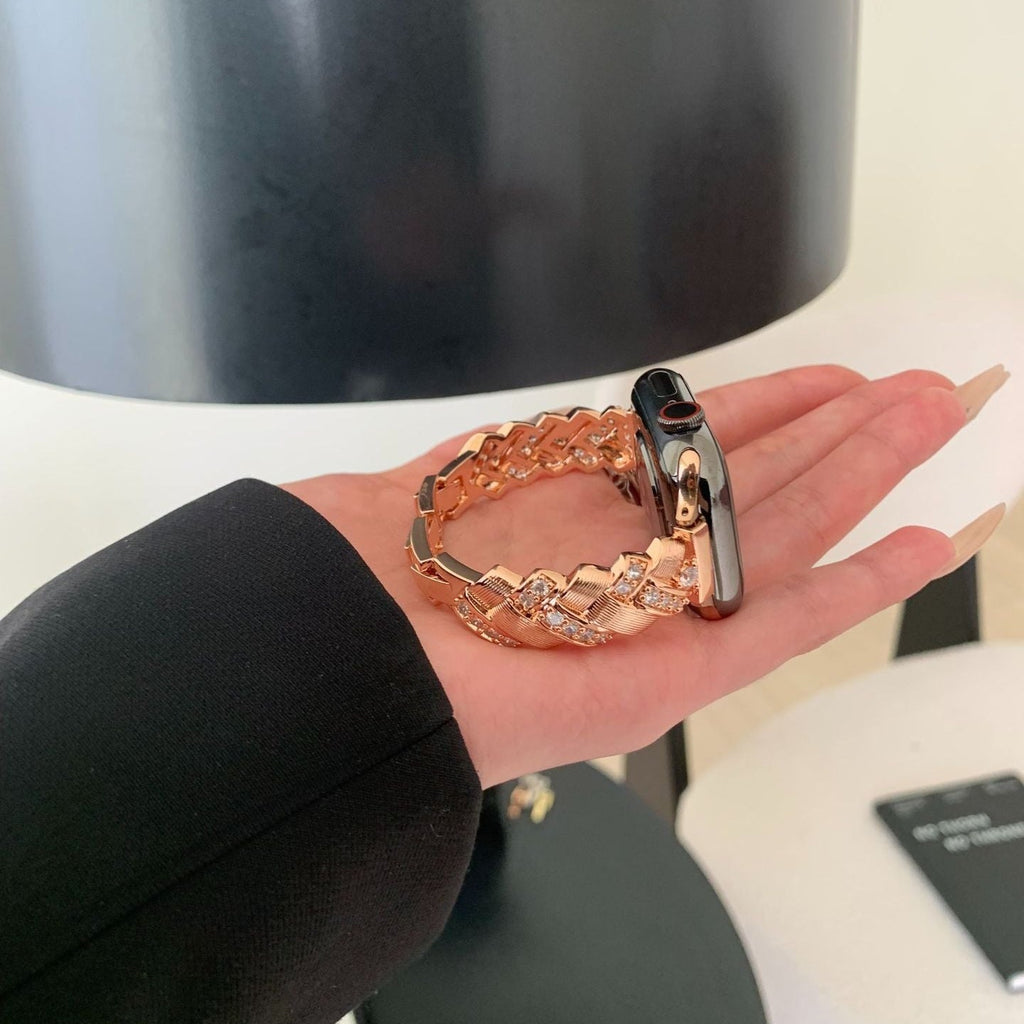 Correa Apple Watch elegante de metal, eslabones anchos engastados de circonitas luminosas, ajustable, modelo Toline