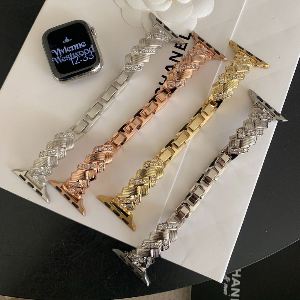 Correa Apple Watch elegante de metal, eslabones anchos engastados de circonitas luminosas, ajustable, modelo Toline