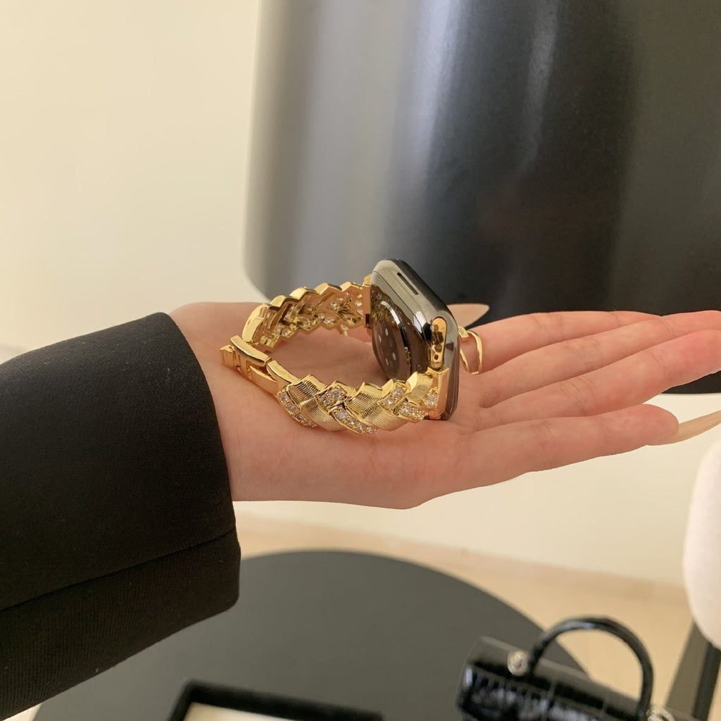 Correa Apple Watch elegante de metal, eslabones anchos engastados de circonitas luminosas, ajustable, modelo Toline
