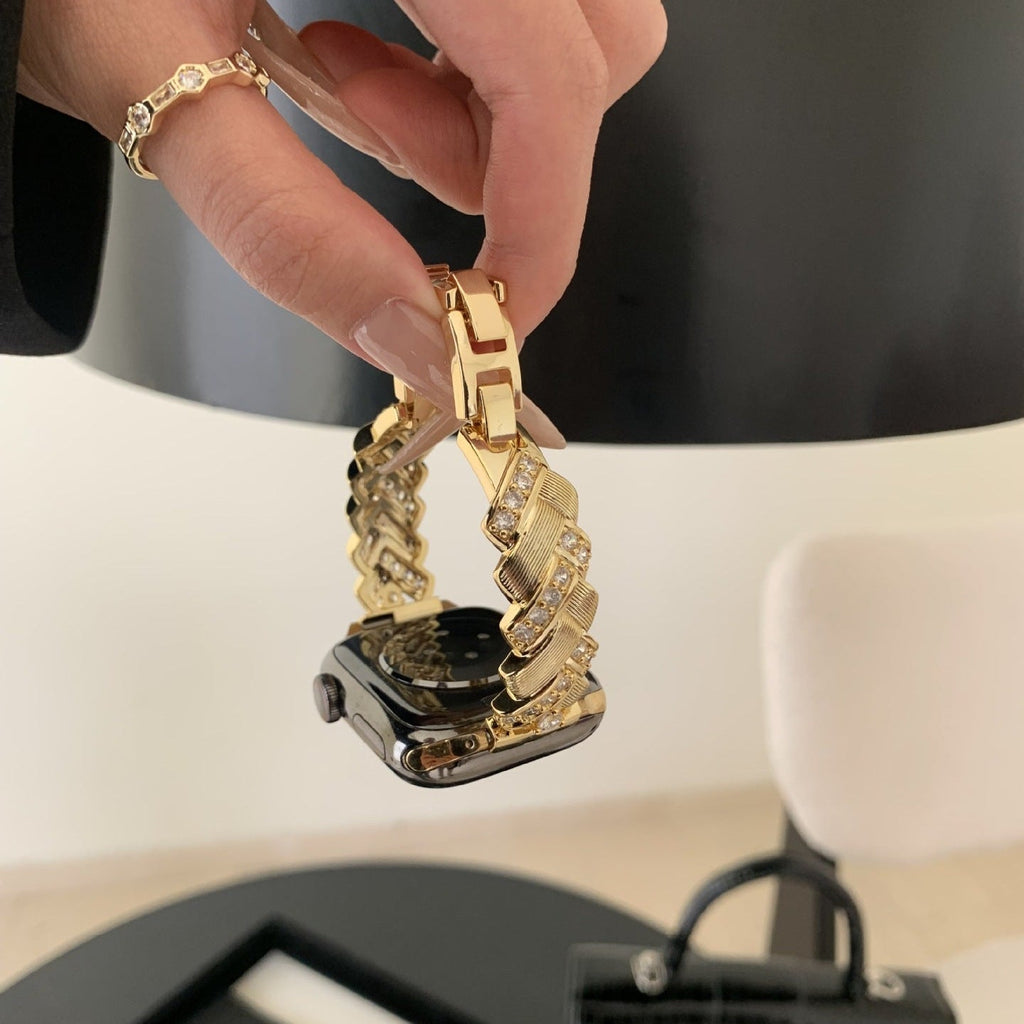 Correa Apple Watch elegante de metal, eslabones anchos engastados de circonitas luminosas, ajustable, modelo Toline