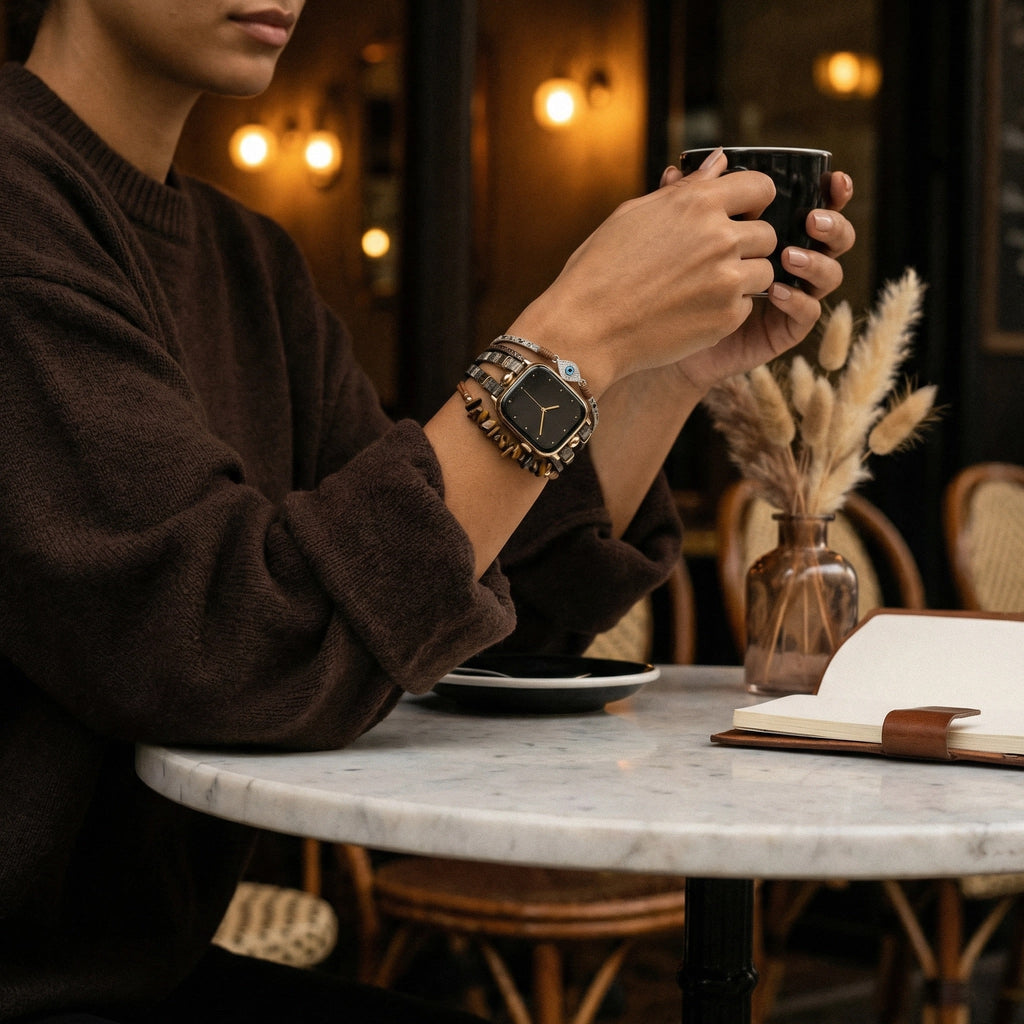 Correa Apple Watch elegante, tiras finas de material sintético, piedras decorativas marrones, dije de ojo protector brillante, modelo Mercuria