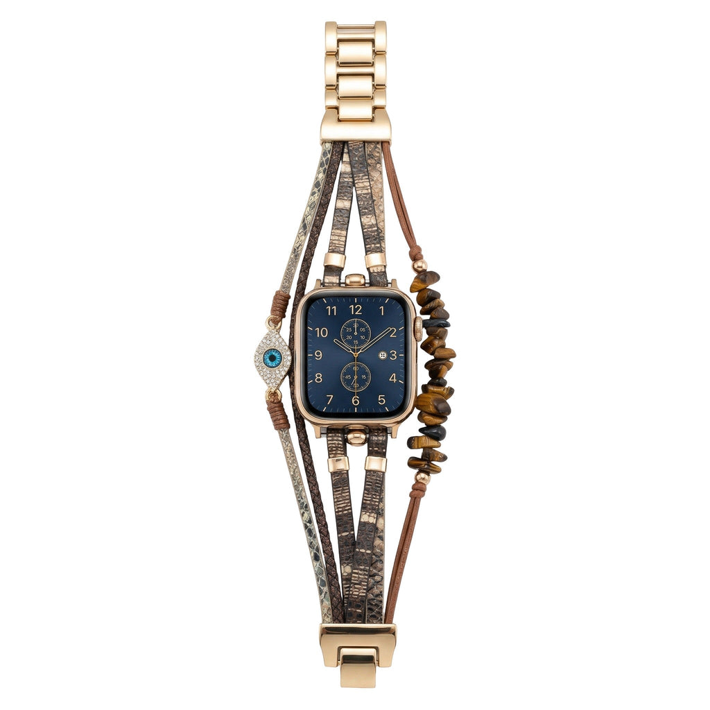 Correa Apple Watch elegante, tiras finas de material sintético, piedras decorativas marrones, dije de ojo protector brillante, modelo Mercuria