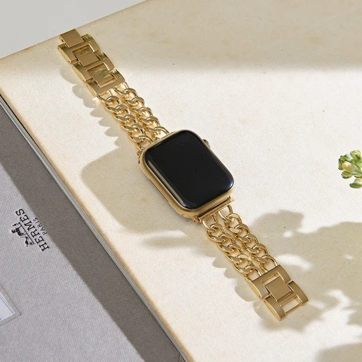 Correa Apple Watch de acero inoxidable, eslabón gourmette de doble cadena, elegante y moderna, cierre seguro, modelo Suza