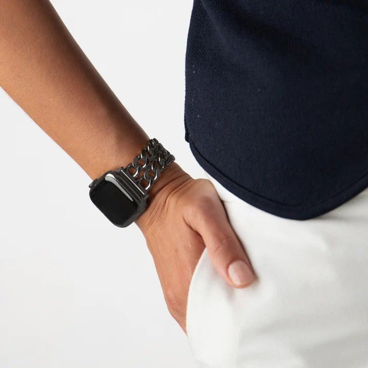 Correa Apple Watch de acero inoxidable, eslabón gourmette de doble cadena, elegante y moderna, cierre seguro, modelo Suza
