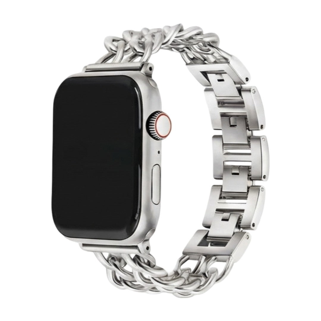 Correa Apple Watch de acero inoxidable, eslabón gourmette de doble cadena, elegante y moderna, cierre seguro, modelo Suza