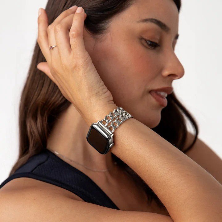 Correa Apple Watch de acero inoxidable, eslabón gourmette de doble cadena, elegante y moderna, cierre seguro, modelo Suza