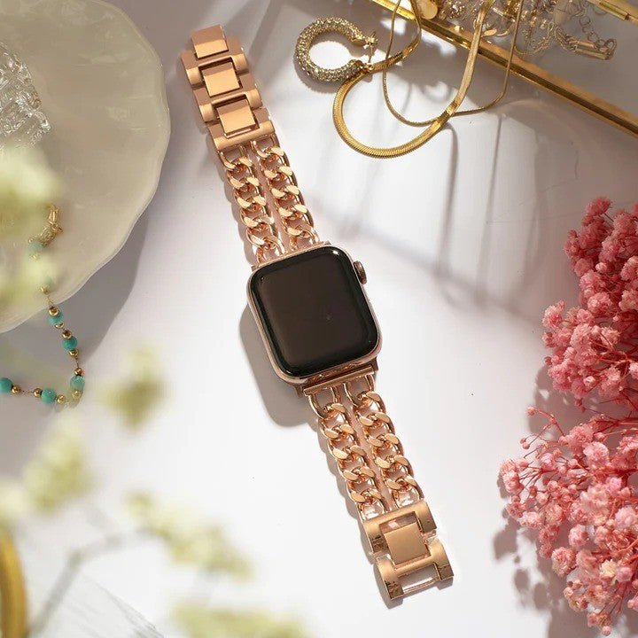 Correa Apple Watch de acero inoxidable, eslabón gourmette de doble cadena, elegante y moderna, cierre seguro, modelo Suza