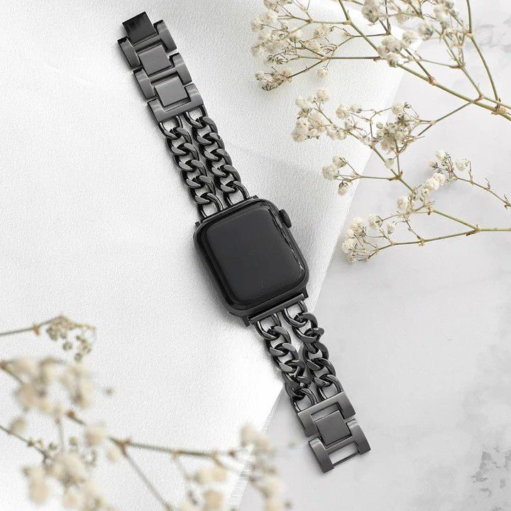 Correa Apple Watch de acero inoxidable, eslabón gourmette de doble cadena, elegante y moderna, cierre seguro, modelo Suza