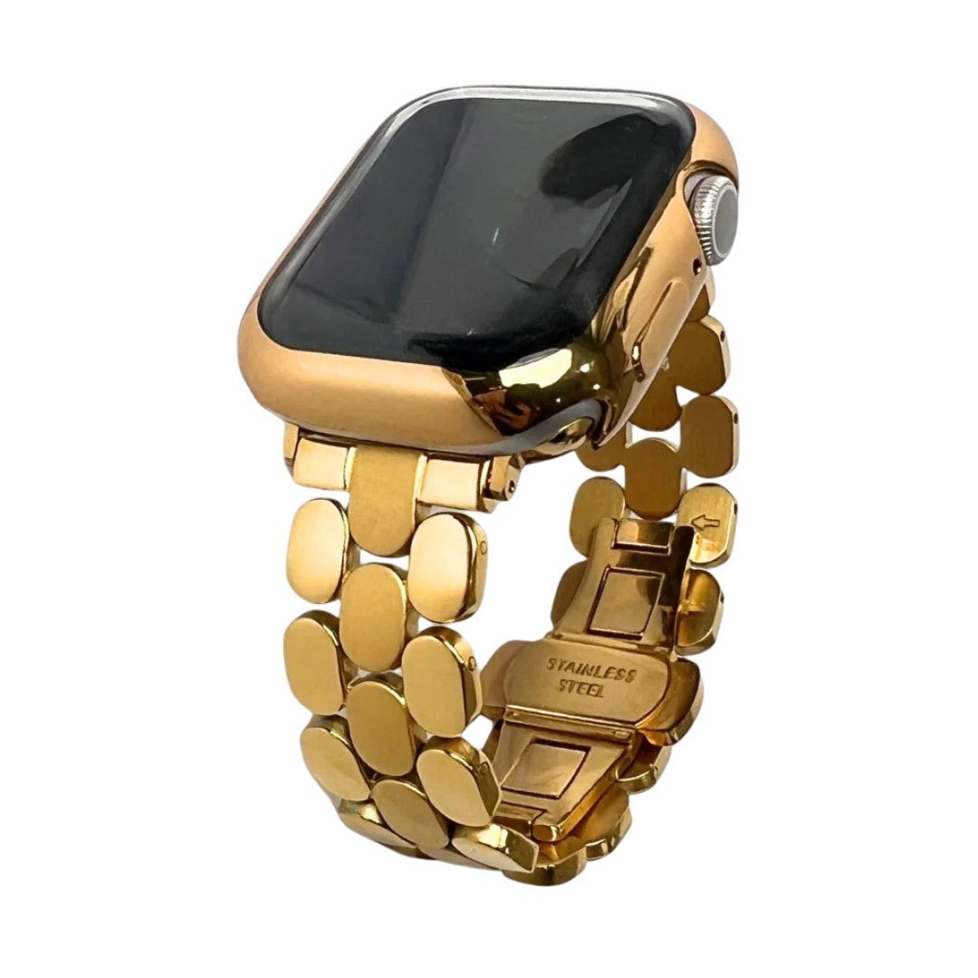 Correa Apple Watch de acero inoxidable, eslabones ovalados dorados, elegancia moderna para Apple Watch, cierre desplegable, modelo Shounie