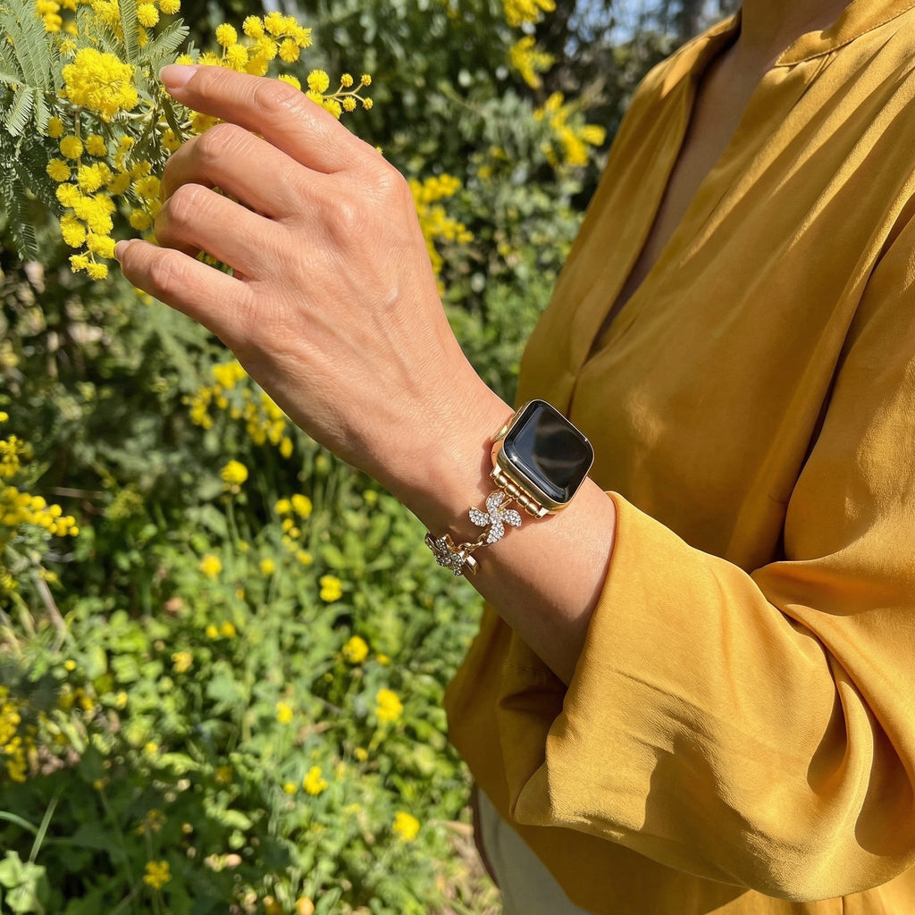 Correa Apple Watch de aleación metálica, flor de loto giratoria, eslabones ajustables a presión, para mujer, modelo Lossia