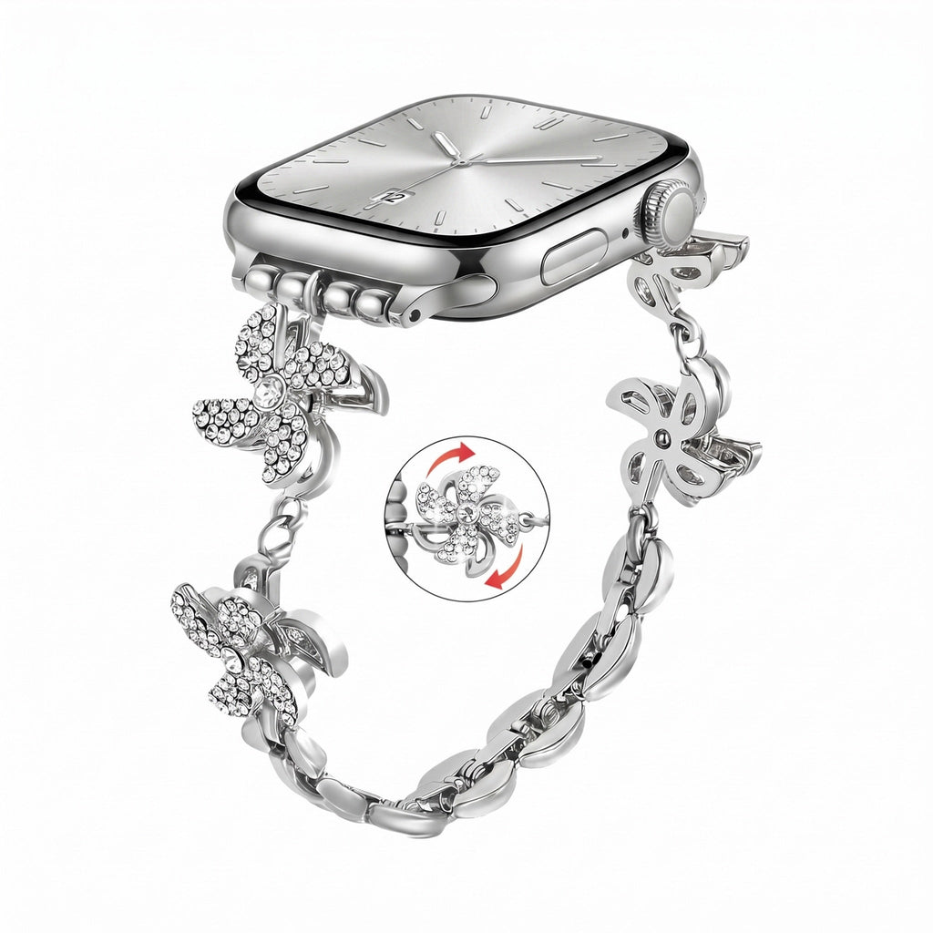 Correa Apple Watch de aleación metálica, flor de loto giratoria, eslabones ajustables a presión, para mujer, modelo Lossia