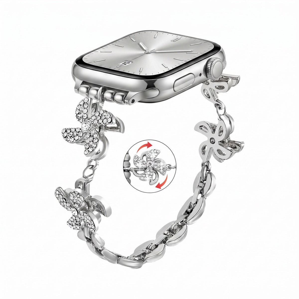 Correa Apple Watch de aleación metálica, flor de loto giratoria, eslabones ajustables a presión, para mujer, modelo Lossia